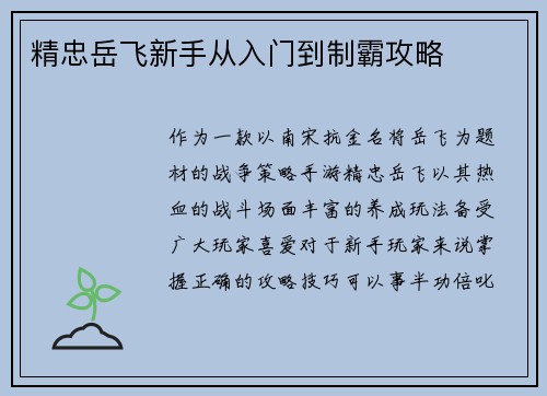 精忠岳飞新手从入门到制霸攻略
